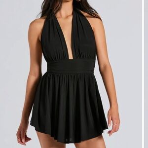Windsor Black Halter Plunge Neck Skater Romper